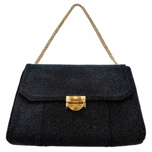 Lauren Merkin Glittery Black Beaded-Texture Shoulder Clutch Gold Latch Chain EUC